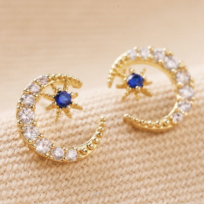 Clear and Blue Crystal Moon Stud Earrings in Gold