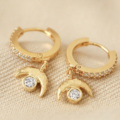 Crystal Crescent Moon Huggie Hoop Earrings in Gold