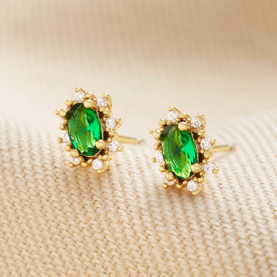 Green Crystal Stud Earrings in Gold