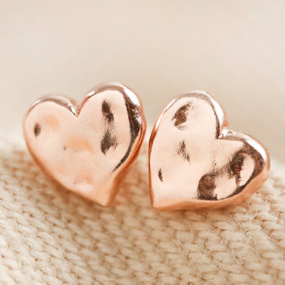 Small Hammered Heart Stud Earrings in Rose Gold