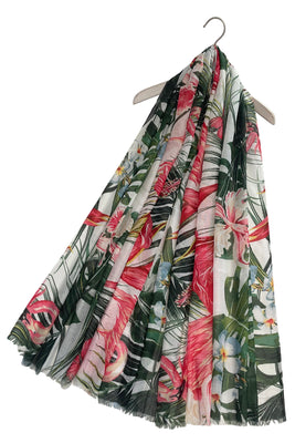 Tropical Flamingo & Flower Print Frayed Scarf