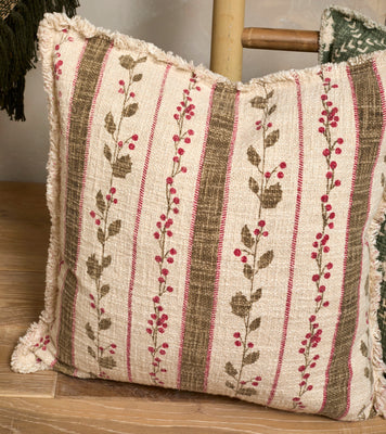 Holly Berry Striped Cushion, Natural