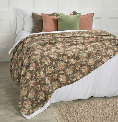 Kantha Floral Print Throw, Mocha