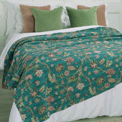 Kantha Floral Print Throw, Teal