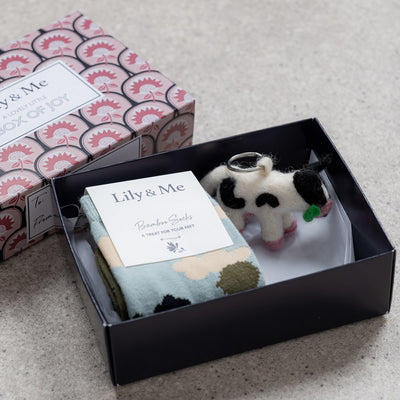 Country Scene Socks and Daisy Cow Keyring Gift Box by Lily and Me
