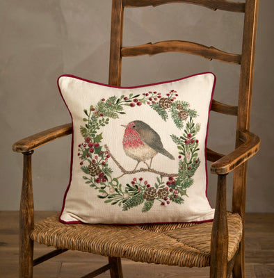 Robin and Wreath Embroidered Cushion