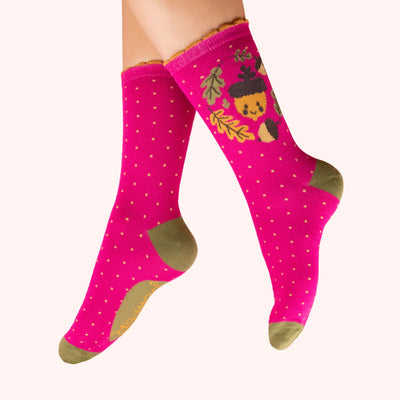 Happy Acorn Fuchsia Ankle Socks by Powder