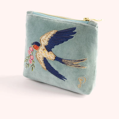 Embroidered Velvet Pouch - Swooping Swallows