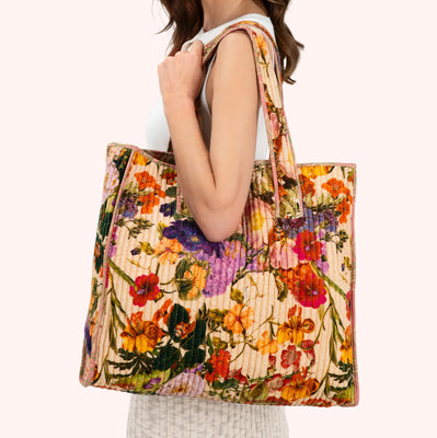Luxe Velvet Quilted Tote Bag, Cream Posy by Powder