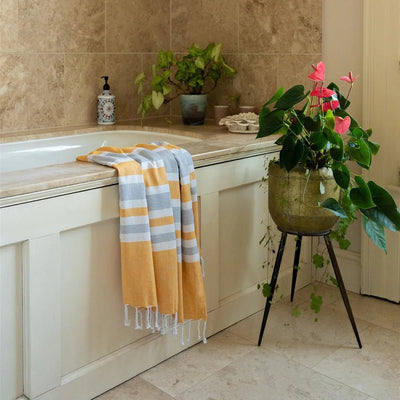 Hammam Striped Towel - Ochre, Grey and White
