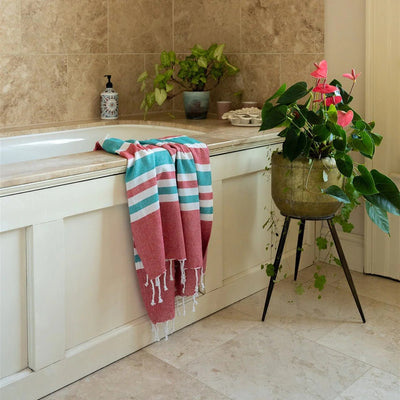 Hammam Striped Towel - Red, Teal and White