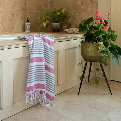 Hammam Striped Towel - Pink, Grey and White