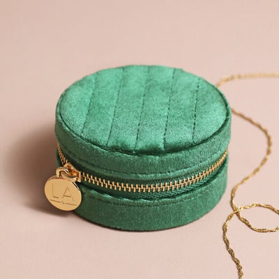 Quilted Velvet Mini Round Travel Jewellery Case in Green
