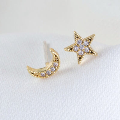 Moon and Star Crystal Stud Earrings in Gold