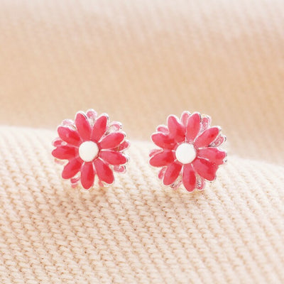 Pink Enamel Daisy Stud Earrings in Silver