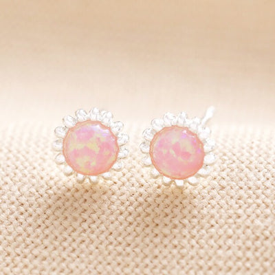 Pink Opal Flower Stud Earrings in Silver