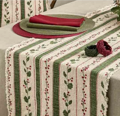 Holly Berry Striped Table Runner, Green