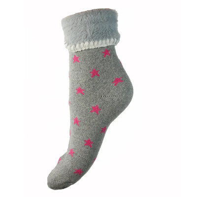 Joya Grey Cuff Socks with Pink Stars