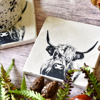 Highland Cow Natural Marble Stone Coaster