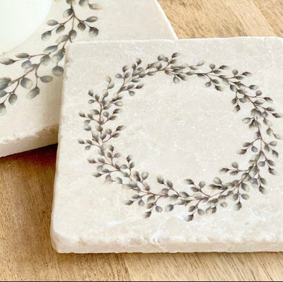 Pussy Willow Wreath Natural Marble Stone Coaster