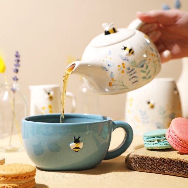 Cornflower Blue Floral Bee Ceramic Teapot and Mug Set Loving Home