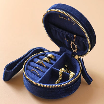 Starry Night Velvet Mini Round Jewellery Case in Navy