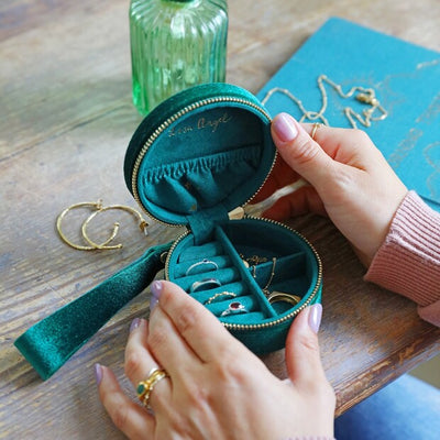 Teal Starry Night Velvet Round Jewellery Case
